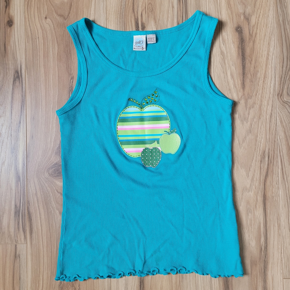 So Wear It Declare It Turquoise Ribbed Tank with Striped Apple Appliqué